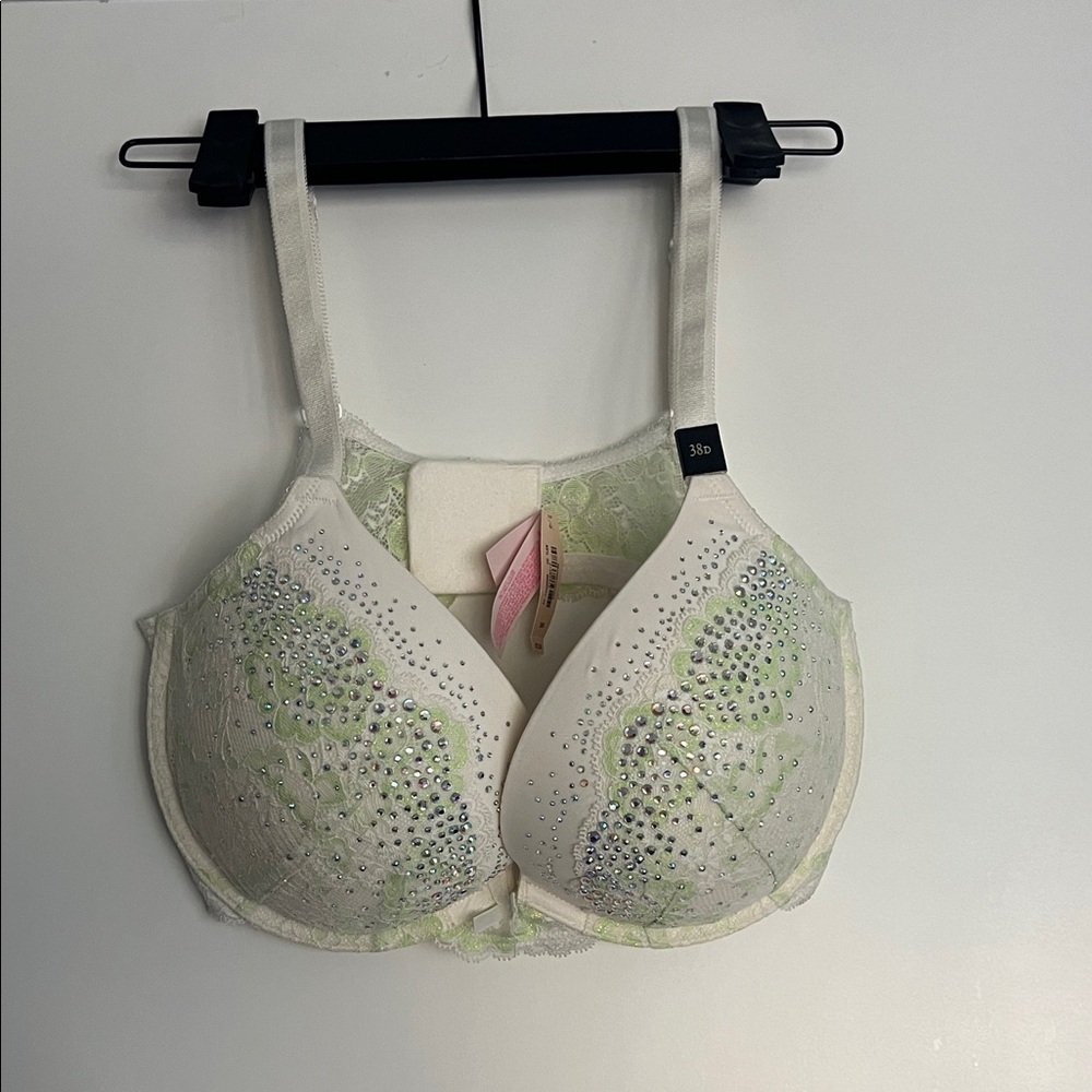 Victoria's Secret Cream and Green Embellished Bra